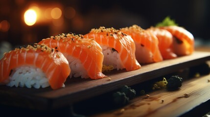 Served asian sushi rolls close up macro shot. Japanese seafood restaurant. Fresh salmon fish with rice. Traditional Japan food. Tasty asia cuisine meal. Tuna maki set. California philadelphia sashimi - Powered by Adobe