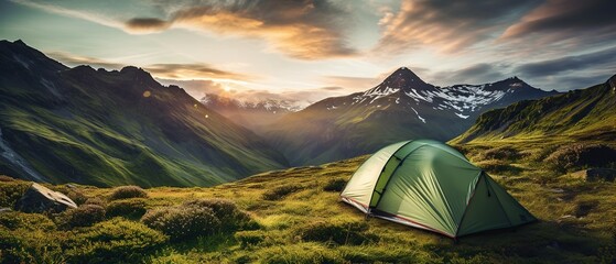 mountainous tourist camp with a tent in the foreground, Generative AI - obrazy, fototapety, plakaty