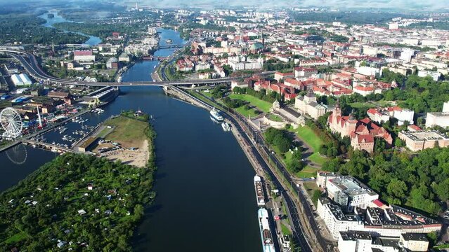Szczecin, Poland - Aerial fly over above the beautiful polish city of Szczecin during summer