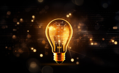 futuristic glowing light bulb against a digital background with binary code to represent innovation and technology. Design the light bulb with a sleek and modern aesthetic, emitting a vibrant glow. 