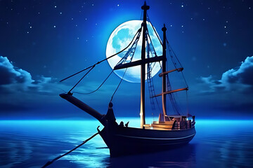 A ship in the ocean with the moon in the background, Moonlit Seascape with a Majestic Sailing Ship, Romantic Maritime Scene with Moonlit Ship
