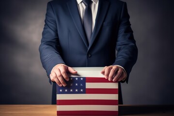 USA political candidate putting vote in a box with flag, Generative AI - obrazy, fototapety, plakaty