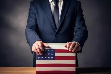 Deurstickers USA political candidate putting vote in a box with flag, Generative AI © salahchoayb