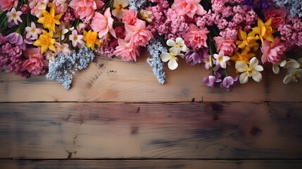 spring flowers on wooden background copy space.
