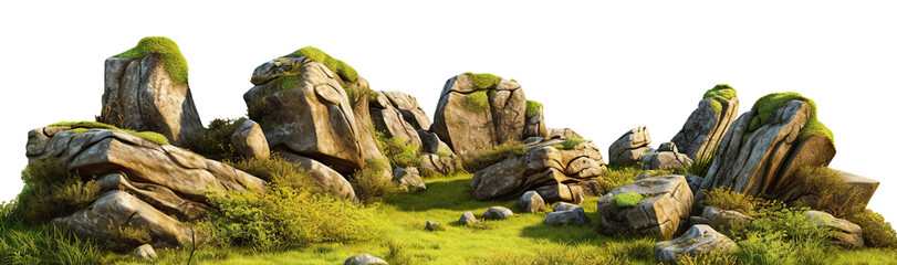 Grass fields meadow with rocks and moss, cut out