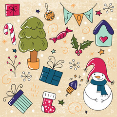 Hand drawn Merry Christmas and New Year doodle set with tree, snowman, gift boxes, star elements. Vector illustration.