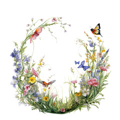 Wreath  with summer grass, wild flowers,  butterflies and bird