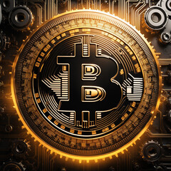 Fototapeta na wymiar Golden Bitcoin blockchain technology isometric concept