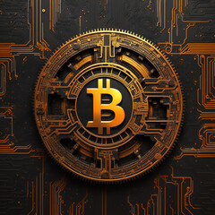 Golden Bitcoin blockchain technology isometric concept