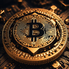Fototapeta na wymiar Golden Bitcoin blockchain technology isometric concept
