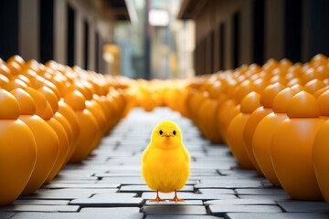 Stand out from the crowd or odd one out concept, a chick stands out from a group of yellow minions - obrazy, fototapety, plakaty