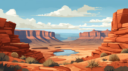 The view of a barren canyon. Canyon formations occur due to water erosion millions of years ago. 2D flat cartoon style illustration.