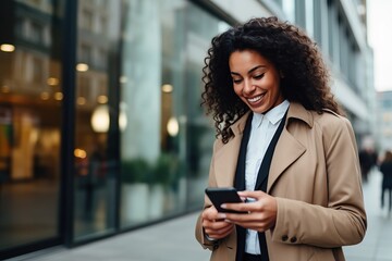 Portrait of talented, successful female employee, entrepreneur waiting for client outdoor, holding mobile phone, messaging client, smiling satisfied, look confident