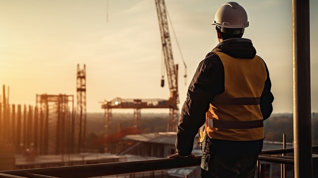 engineer man or architect looking forward with white safety helmet in city construction site . Standing on rooftop building construction at capital.