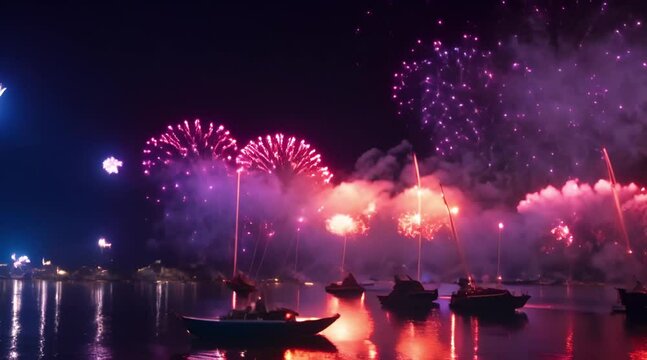 Beautiful fireworks from a boat on the wide sea