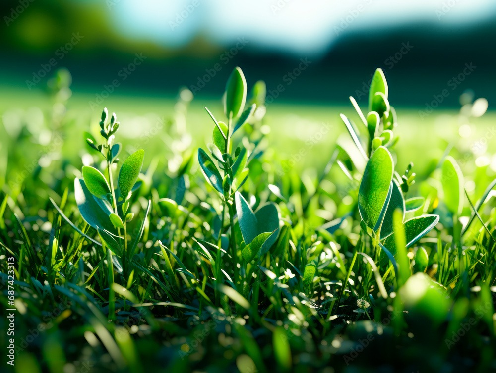 Poster Macro shot of dewy grass blades with morning sunlight creating a bokeh effect. Freshness and growth concept. Generative AI