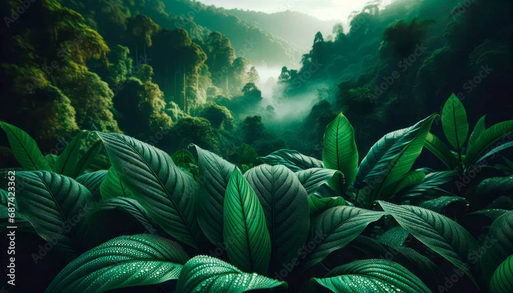 Poster Misty jungle background with lush greenery and light rays. Generative AI