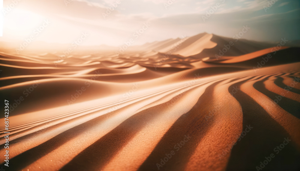 Poster Sunset over desert landscape creating a tapestry of light and shadow on sand dunes. Harmony concept. Generative AI