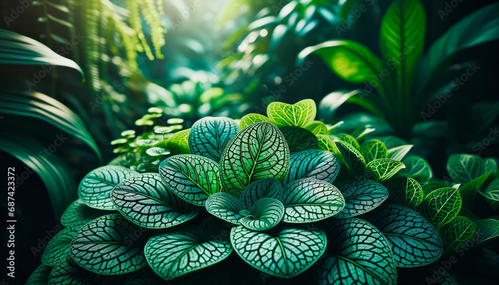 Poster closeup of vibrant green leaves with intricate vein patterns. botanical illustration. generative ai
