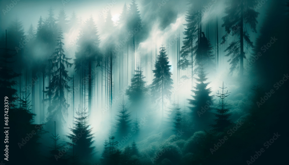 Poster luminous fog weaving through a dense evergreen forest. magical ambiance background. generative ai