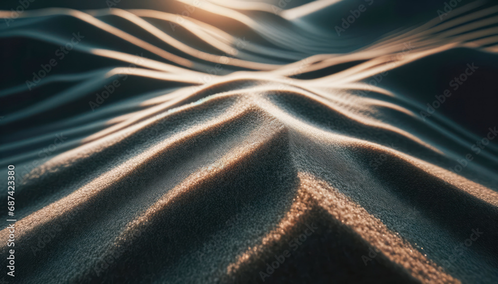 Poster Sun kissed dunes with intricate patterns of light and shade, evoking a sense of stillness. Contemplation concept. Generative AI