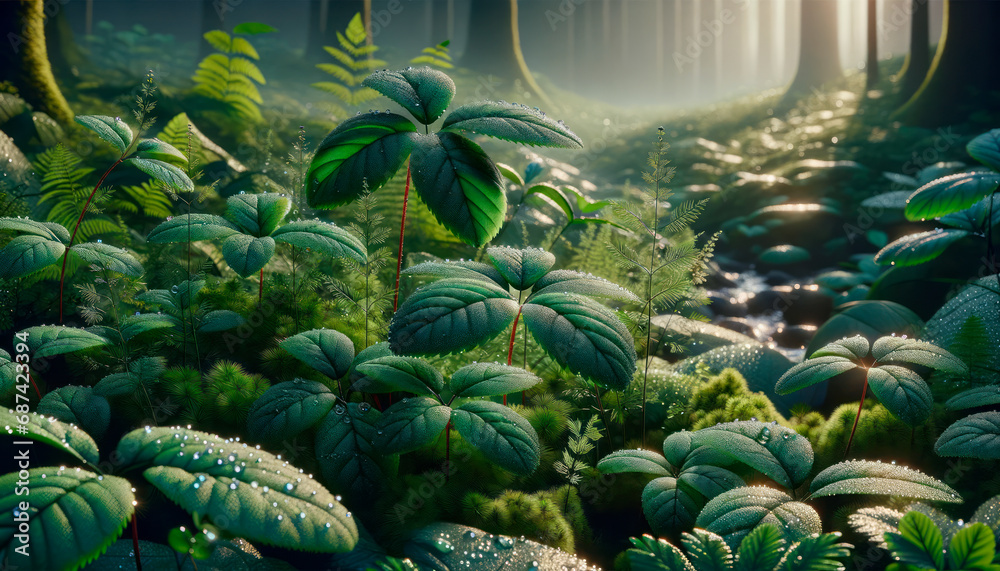 Poster sunlit forest floor with dewy leaves and a serene background ambiance. generative ai