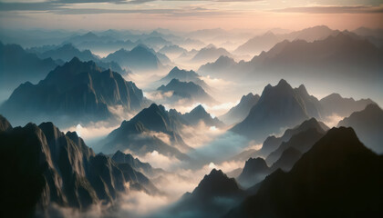 Misty mountains bathed in the soft glow of sunrise, a serene and dreamy vista. Generative AI