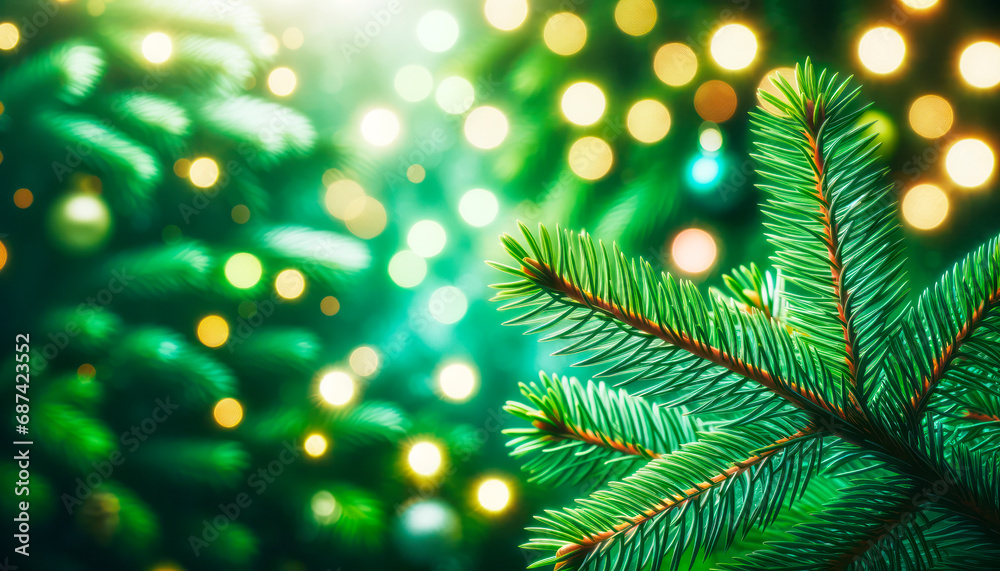 Poster spruce branches highlighted by twinkling festive lights against a dreamy background. generative ai