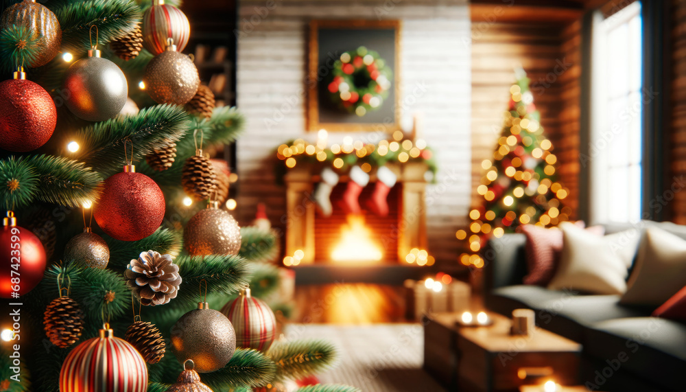 Aufkleber decorated christmas tree with gifts and a lit fireplace creating a warm holiday setting. generative 