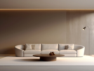 Fototapeta na wymiar Contemporary living room with curved sofa and minimalist design. Generative AI