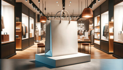 Shopping bag on display pedestal in a contemporary boutique environment. Branding and retail concept. Generative AI