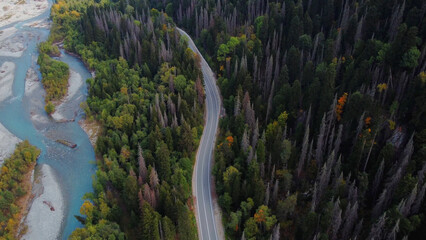 a road in the mountains in an autumn multicolored forest shot from above on a copter