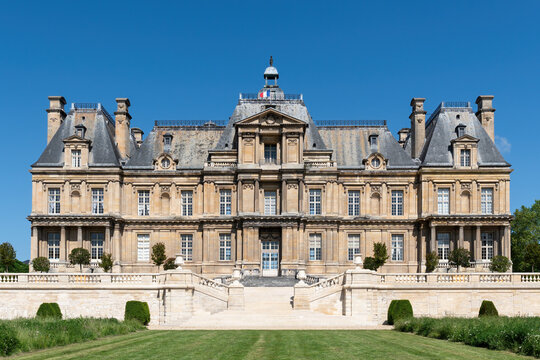 Maisons Laffitte, France - May 25 2023: Facade of the castle of Maisons Laffitte, near Paris.
