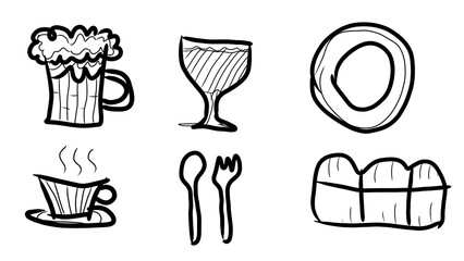 Hand drawn doodle set of food and drink icons. Vector illustration.