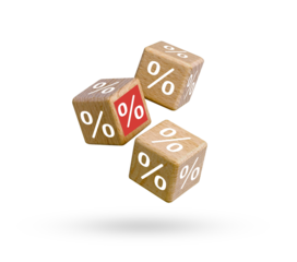 Wooden blocks with percentage sign flying on white background.