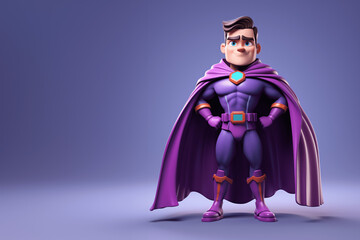 Purple Dynamic 3D Cartoon Superhero in Heroic Cape Pose - obrazy, fototapety, plakaty