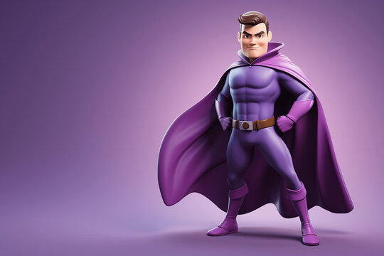 Purple Cartoon Superhero in Powerful Stance with Cape