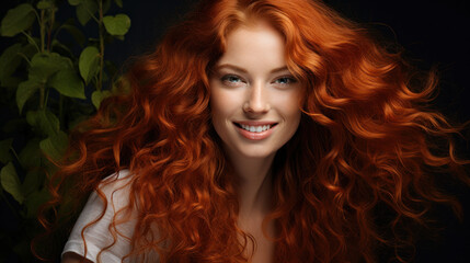 Fototapeta premium Portrait of beautiful 40 yo woman with red curly hair on black background.