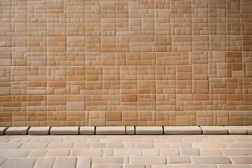 Picture of a beige stone wall with tiles, with a sidewalk and street in the background and the texture of a natural stone wall. close-up of a limestone-covered wall