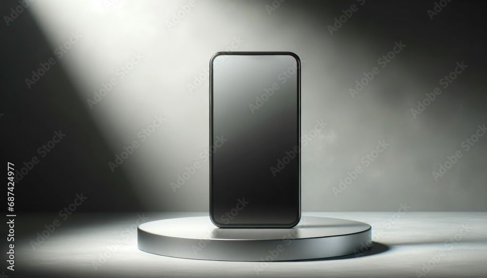 Poster Black smartphone with blank screen on podium. Mock up. Generative AI