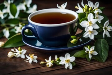 Obraz na płótnie Canvas Teapot with jasmine blossoms on a wooden surface