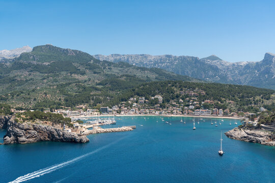Aerial view of Port de Soller, Mallorca, Ballearic Islands, Spain