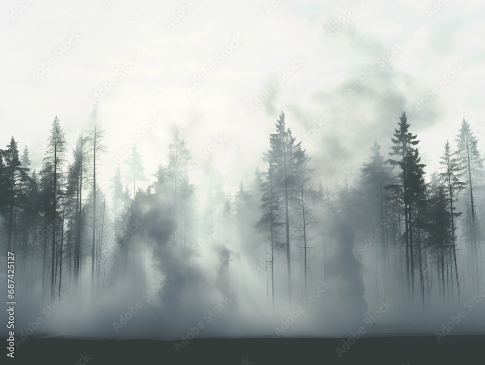 Poster sunrise over a foggy forest lake, casting a warm glow on the tranquil waters. serene nature backgrou
