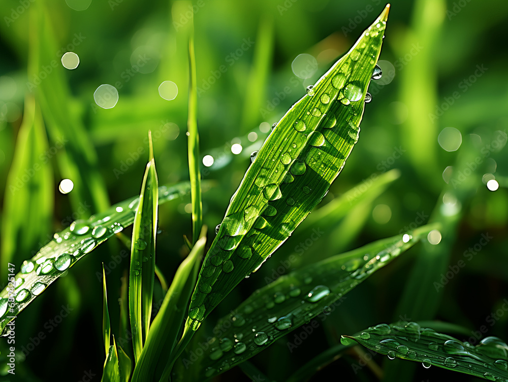 Poster Dewdrops on grass blades, a macro shot with a bokeh background. Generative AI