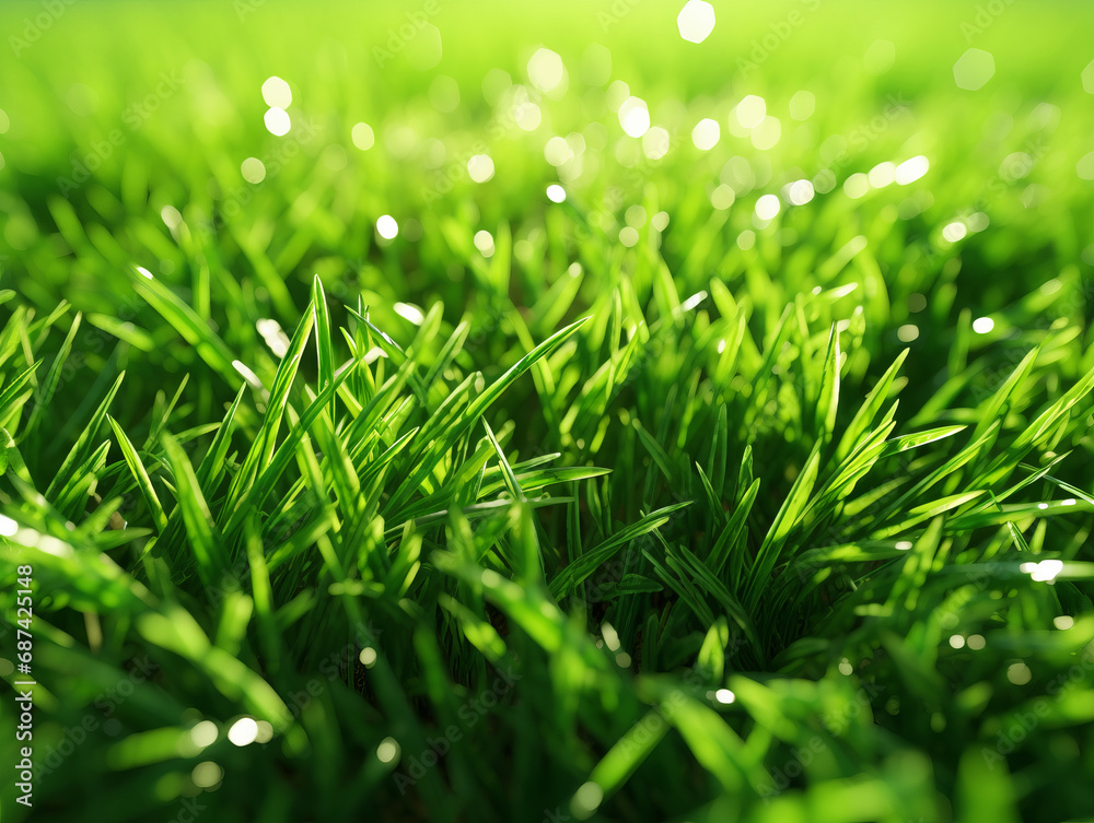 Poster Sunlight dancing on a dew laden grass field at dawn. New day and vitality concept. Generative AI