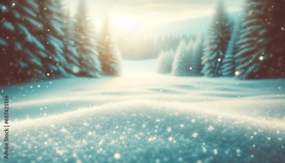 Poster dawn light casting a soft glow on a snowy winter landscape. quiet nature scene. generative ai