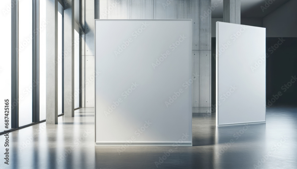 Poster sleek gallery with freestanding posters amidst concrete columns and natural light. generative ai