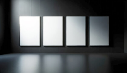 Modern exhibit with quadruple framing illuminated by subtle recessed lighting. Generative AI - obrazy, fototapety, plakaty