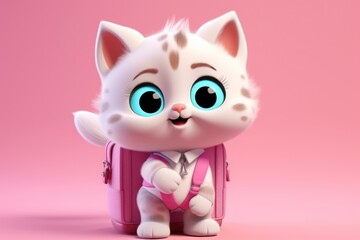 An illustration of white kitten of a schoolboy with backpack on his back on pink background.