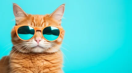 Tuinposter Closeup portrait of funny ginger cat wearing sunglasses © aleena